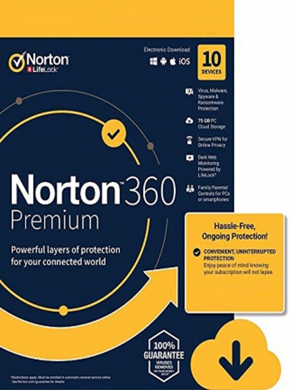 Norton 360 Premium + 75 GB Cloud Storage - (10 Devices, 1 Year) - Symantec Key EUROPE - 1