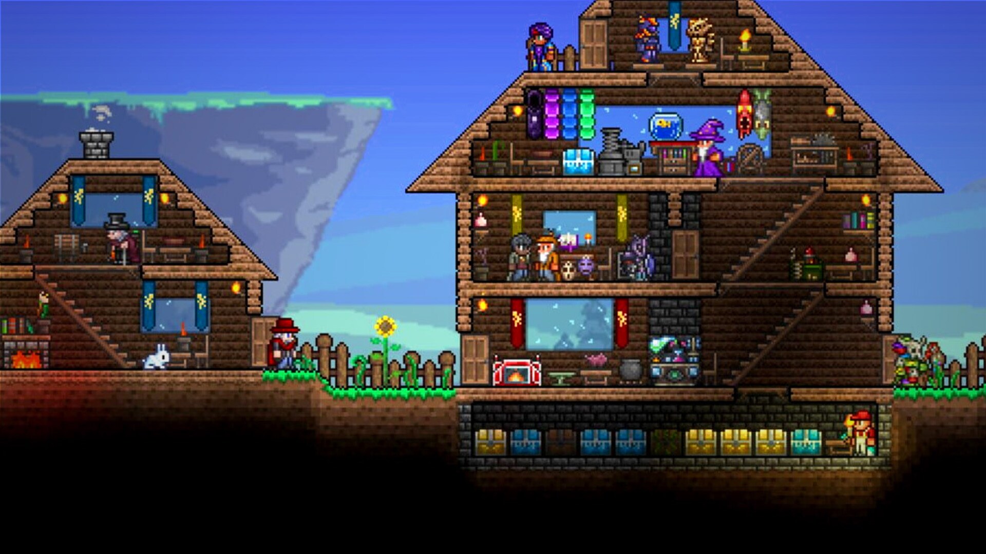Terraria gameplay showing a large player-built base