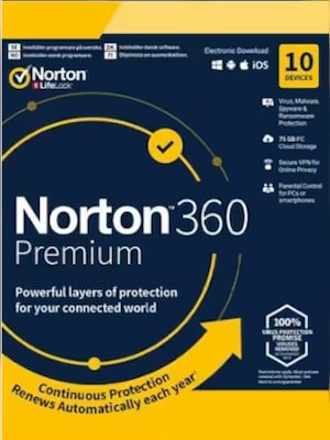 Norton 360 Premium + 75 GB Cloud Storage (10 Devices, 1 Year) - NortonLifeLock Key - GLOBAL - 0