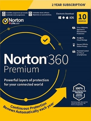 Norton 360 Premium + 75 GB Cloud Storage (10 Devices, 2 Years) - NortonLifeLock Key - GLOBAL - 0