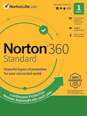 Norton 360 Standard + 10 GB Cloud Storage (1 Device, 1 Year) - NortonLifeLock Key - UNITED STATES - 0
