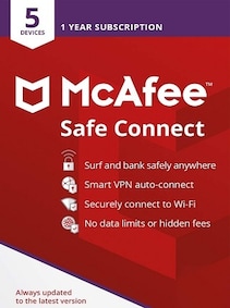 

McAfee Safe Connect VPN Premium (Android, Chromebook, iOS, Windows) 5 Devices, 1 Year - McAfee Key - GLOBAL