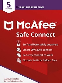 McAfee Safe Connect VPN Premium (Android, Chromebook, iOS, Windows) 5 Devices, 1 Year - McAfee Key - GLOBAL