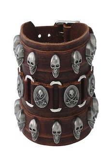 Image of Leather Wristband Bracelet Skull Copper Bangle
