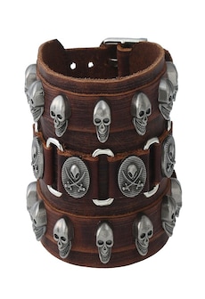 Leather Wristband Bracelet Skull Copper Bangle