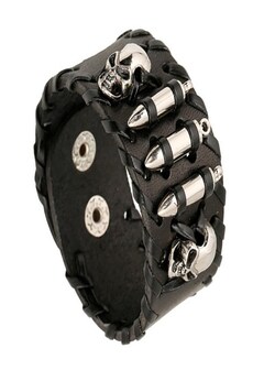 Image of Leather Bracelet Adjustable Wristband with Steel Skull Bullet Rivet Cuff