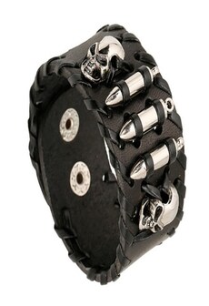 Leather Bracelet Adjustable Wristband with Steel Skull Bullet Rivet Cuff