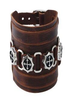 Image of Leather Bracelet Wristband Alloy Buckle Skull Punk Rock Cowhide in Brown