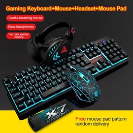 4Pcs LED Backlit GamerMechanical Keyboard+Gaming Mouse+Headset +Mouse Black