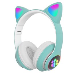 Flash Light Cute Cat Ears Bluetooth Wireless Headphone with Mic Green