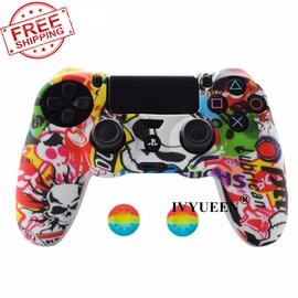 PS4 Controller Silicone Cover plus Thumb Grip Caps - Sticker Bomb