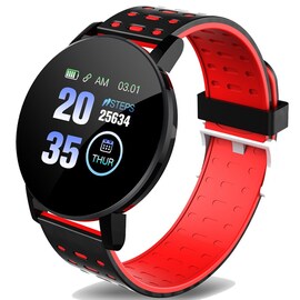 Waterproof Fitness Smartwatch with Heart Rate and Blood Pressure Measurement  for Women and Men - Black Red