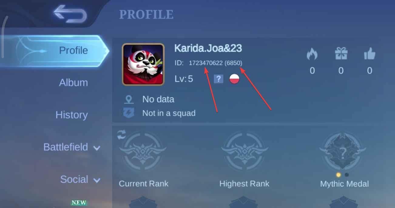 Mobile Legends Player ID and Zone ID in Profile Menu