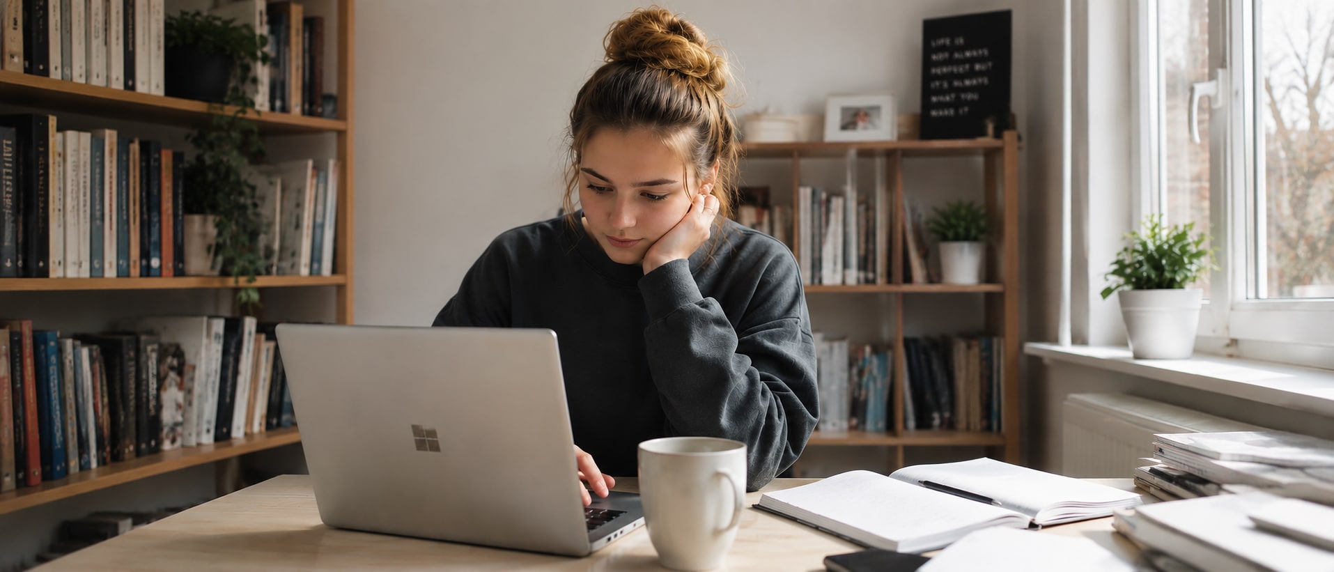 Student using a laptop at a home desk