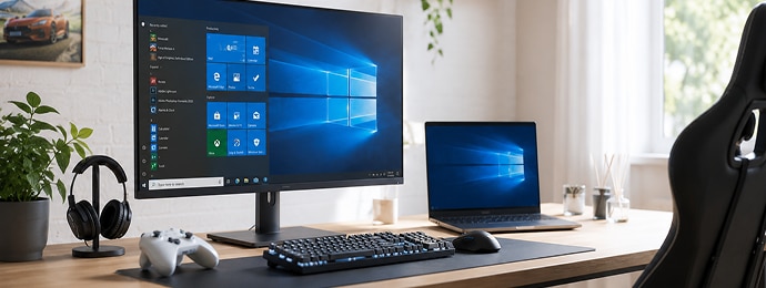 Gaming setup with monitor, keyboard, controller, and headphones