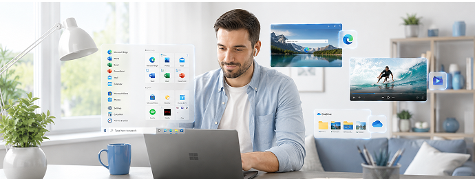 Man using a laptop surrounded by Windows interface elements
