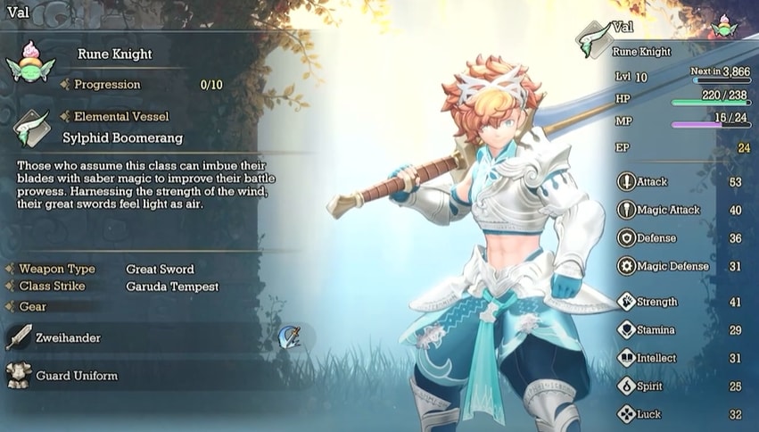 Val becomes a Rune Knight after equipping the Sylphid Boomerang