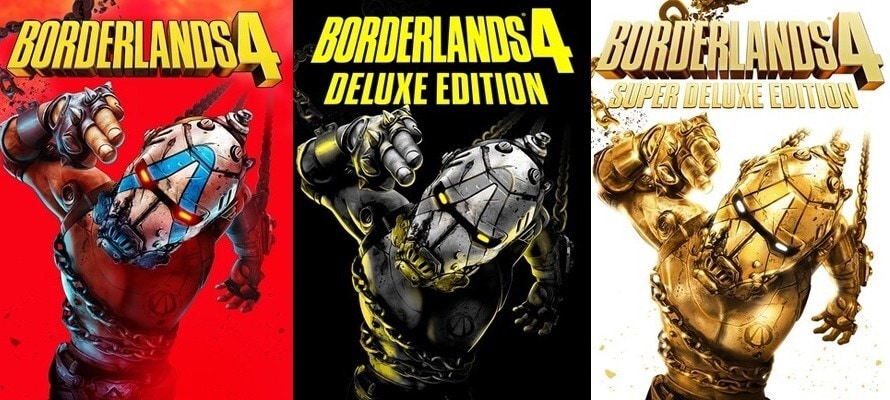 Cover art of Borderlands 4 showing three editions: Standard (red background), Deluxe Edition (black and yellow), and Super Deluxe Edition (gold and white).